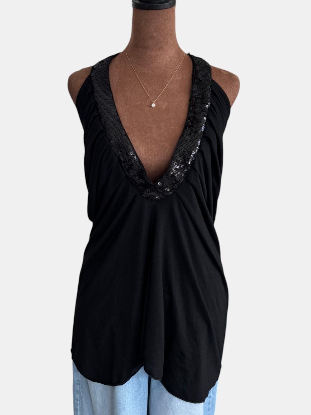 2000s Style Ruched Halter Top Black Sequin Embellished Y2K Drapey Summer Tank